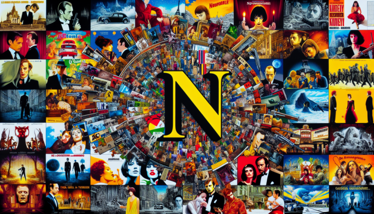 Affiche collage films "N" : Posters, scènes clés et personnages iconiques, couleurs vives, haute résolution, textures détaillées.