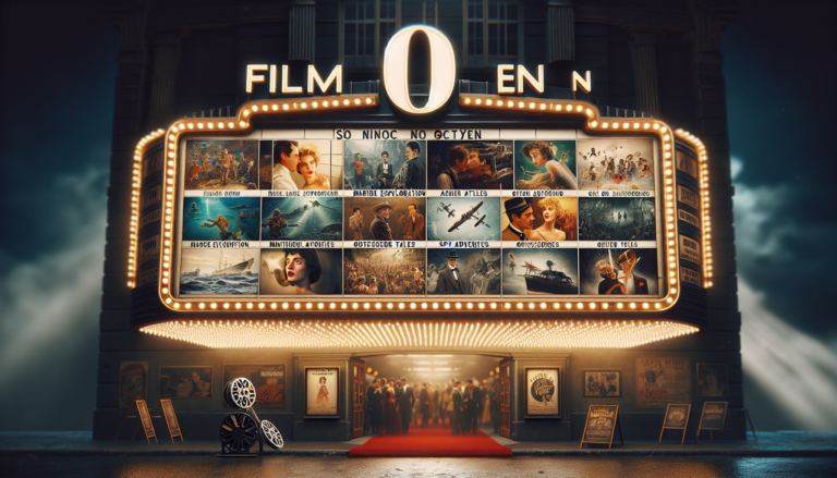 Affiche "Film en O" sur une marquise de cinéma vintage avec des scènes iconiques de films français commençant par O.